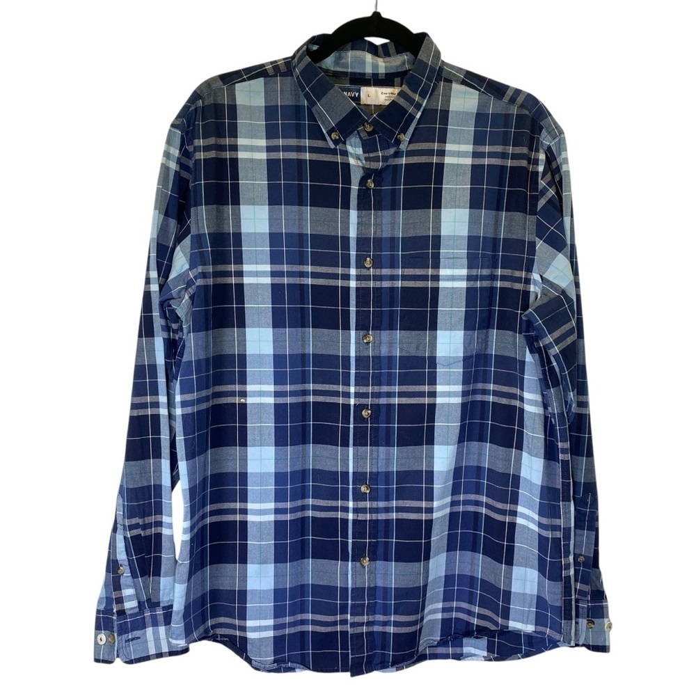 OLD NAVY Classic Fit Everyday Shirt Men's L Blue Plaid long sleeve button down